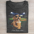 Funny Doodle Dog Baseball T-Shirt | I Live Here Now Iced Coffee Dog Tee