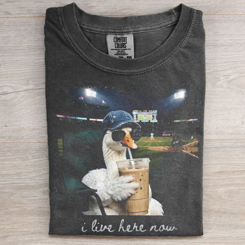 Funny Goose Baseball T-Shirt | I Live Here Now Iced Coffee Goose Tee